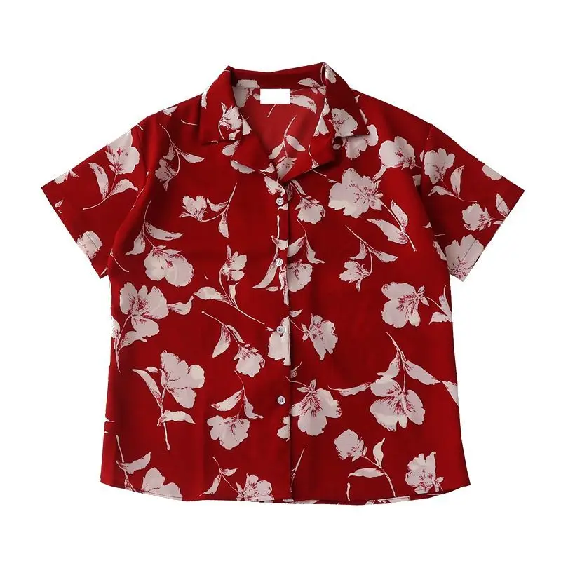 

Summer Retro Harajuku Style Printed Shirt Female 2021 New Suit Collar Loose Short-sleeved Chiffon Shirt Top