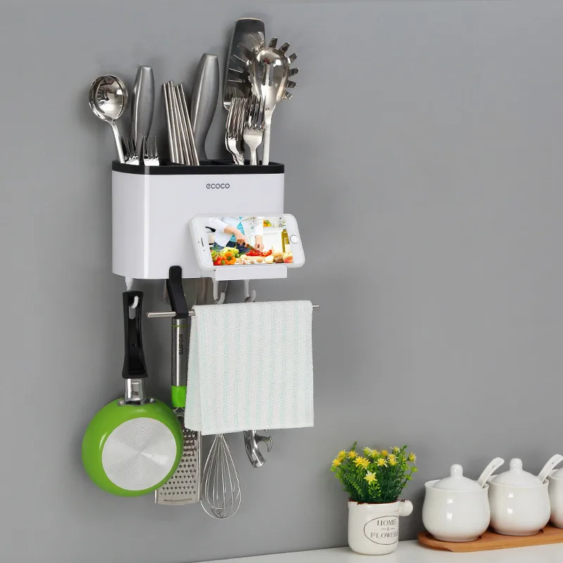 

ECOCO Creative Wall-mounted Hollow Drain Chopstick Cage Multifunctional Storage Rack Rag Rack Knife Holder for Kitchen Supplies