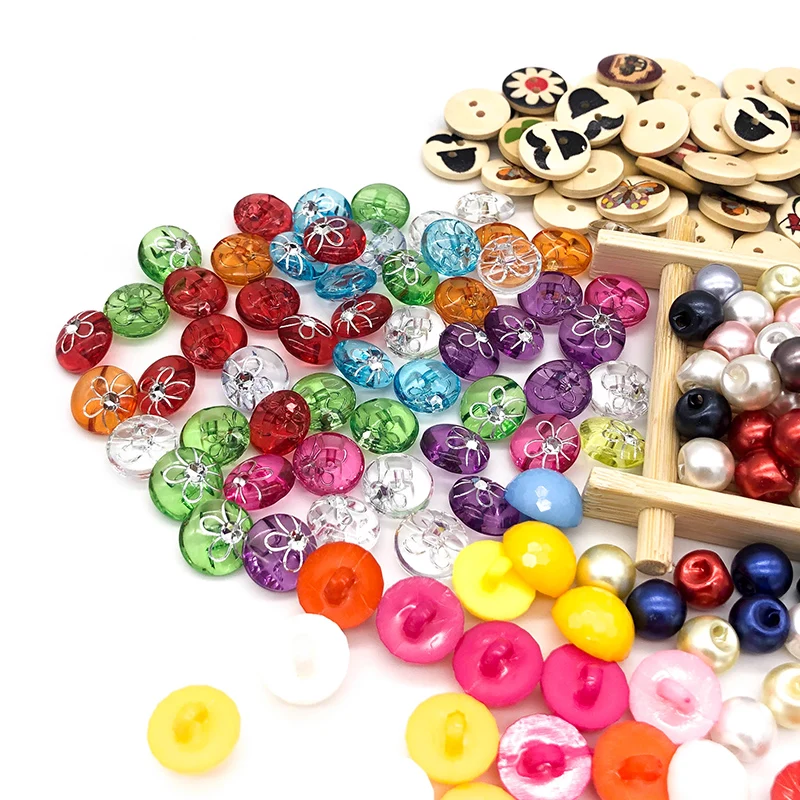 150 Pcs 10-15 mm Resin/Wooden Buttons 2 Holes 15mm Mixed Wood Buttons Sewing Accessories for Clothing Decoration DIY Boxed