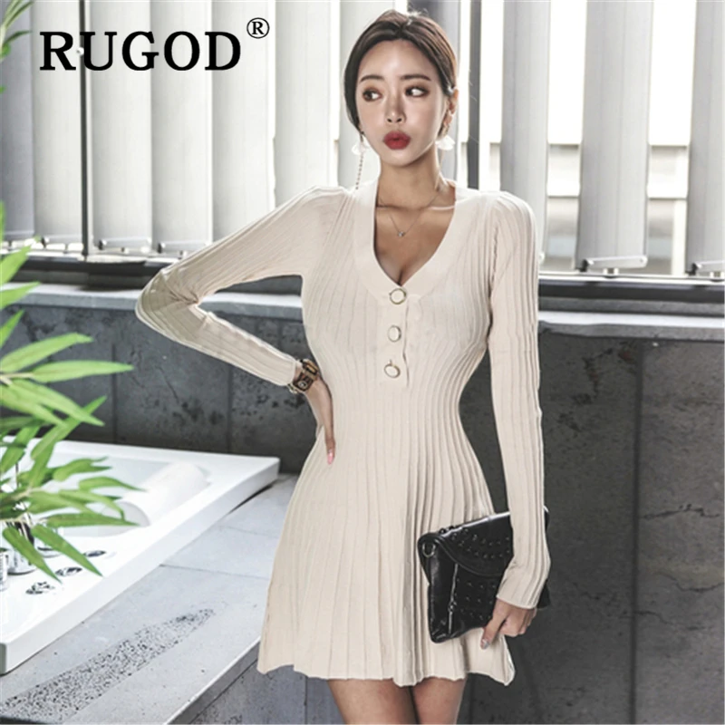 RUGOD сексуальное вязаное женское платье осень 2020 v образный вырез Туника А силуэта