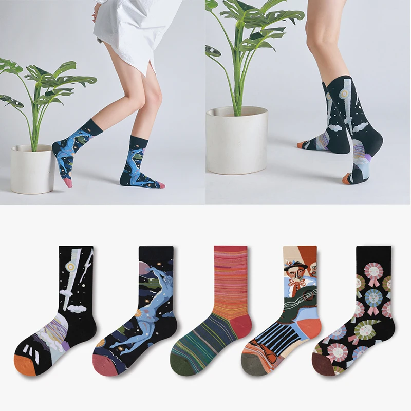 

New Socks Ladies Fashion Tube Socks Japanese Street Graffiti Illustration Personality Color Matching Art Stockings Couple Socks