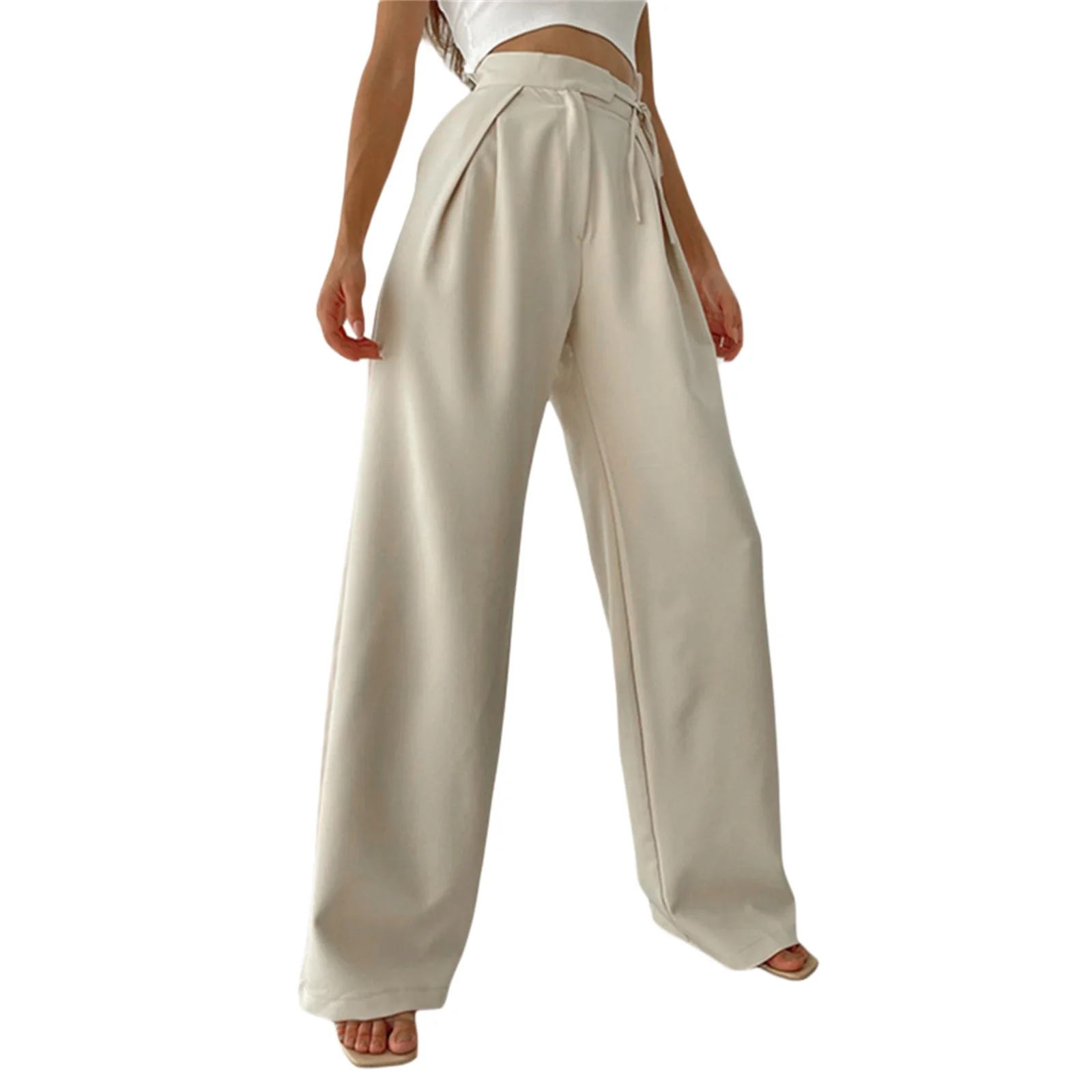 

Women Clothing Solid Color Polyester Wide Leg Pants Vintage High Waist Loose Lacing Casual Party Street Trousers