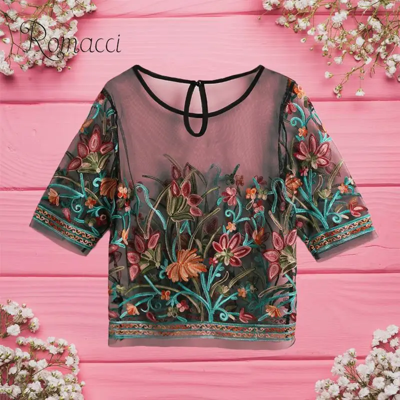 Женская прозрачная блузка с цветочной вышивкой и полурукавами|Блузки| |