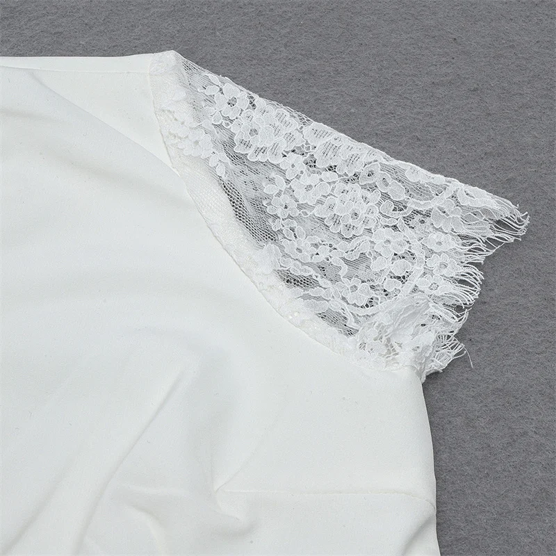 

High Quality 2021 New Casual White Sexy Summer Women Jumpsuits Short Sleeve V Neck Lace Patchwwork Bodycon Women Rompers Outfit