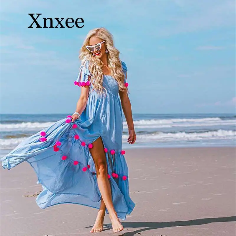 

beach boho long dress Cover-ups Summer Women Beach Wear White Cotton Tunic Dress Bikini Bath Sarong Wrap Skirt Swimsuit Cover Up