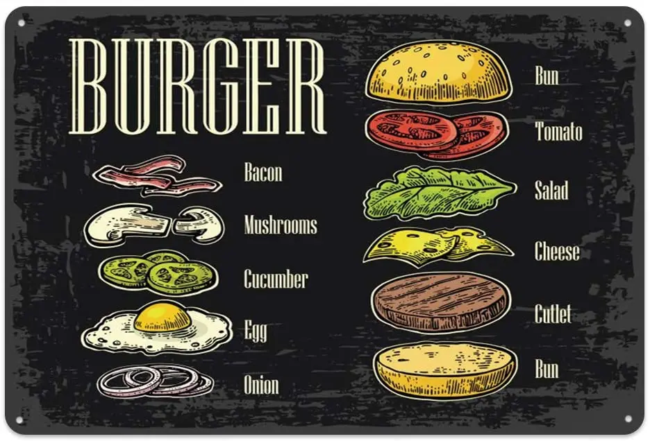 

Оригинальные винтажные дизайнерские гамбургеры, жестяные металлические настенные художественные знаки, толстая жестяная печать, плакат, у...