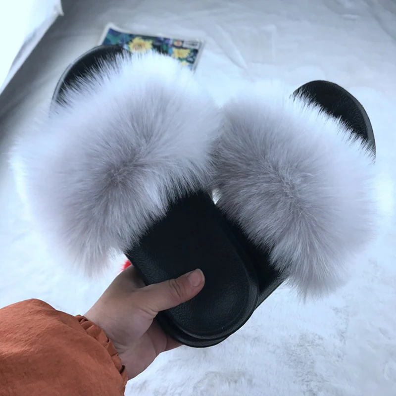 

Casual Fur Slippers Women Real Fox Fur Slides Home Furry Flat Sandals Female Cute Fluffy House Shoes Woman Brand Luxury 2021