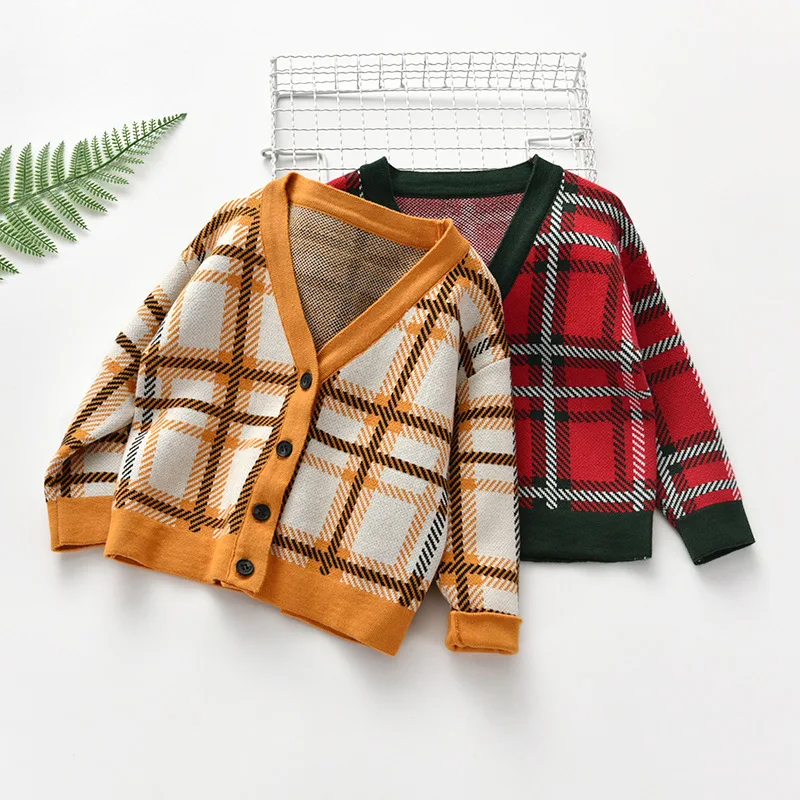 Зимний свитер 2020 детский вязаный в клетку кардиган для маленьких мальчиков с V