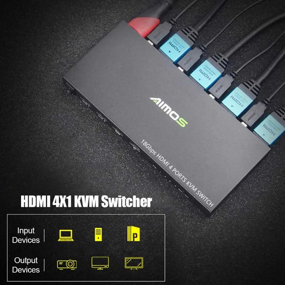 

KVM Switch HDMI 4 Port Box with USB Hub Port UHD 4K AIMOS HDMI 2.0 KVM Switcher Support Wireless Keyboard and Mouse Connections