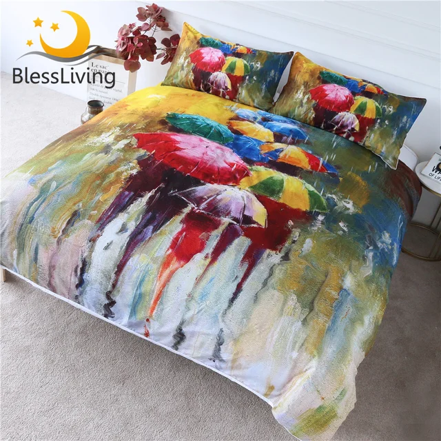 BlessLiving Colored Umbrella Bedding Set Rainy Day Duvet Cover Set 3-Piece Oil Painting Printed Bed Cover Art Bedspreads Queen 1