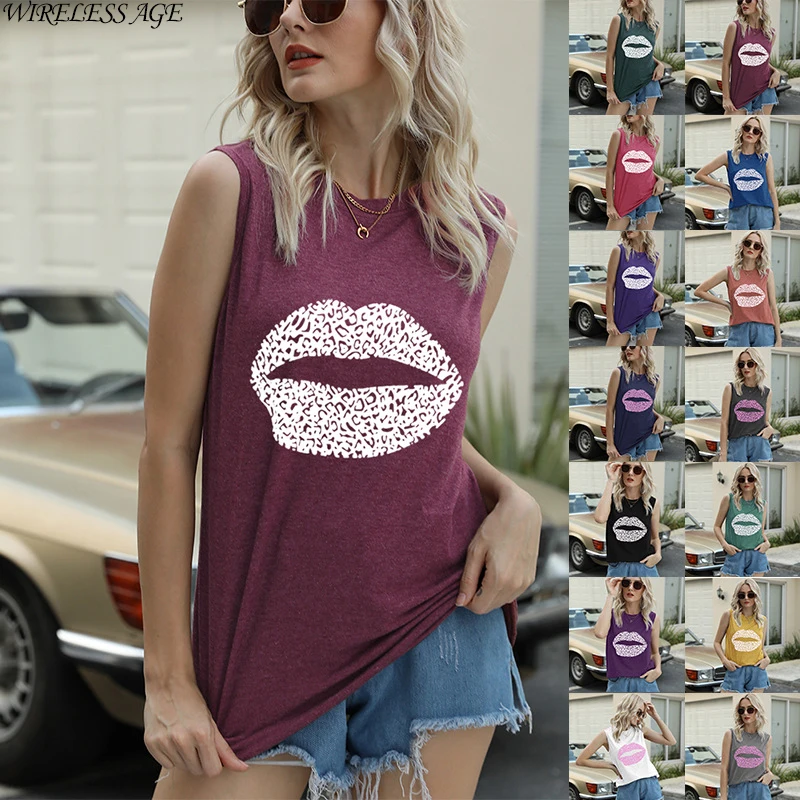 

WIRELESS AGE T Shirt Women Sleeveless Round Neck Leopard Lips Printed Loose Casual Women's Vest Tops New Summer Fashion Wild