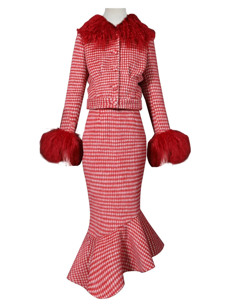 

2020 Hot Sale Full Women's Suit Fashion Plaid Mermaid Skirt Set High Waist Retro Sheep Beach Fur Collar Woolen + Top Two-piece