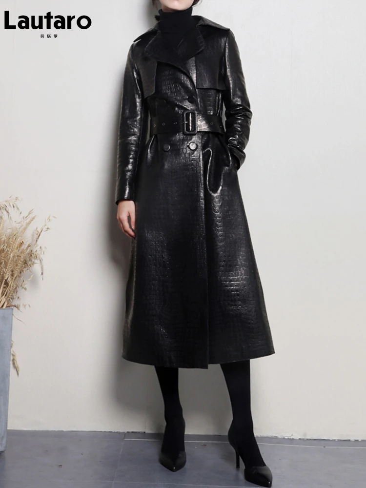 Lautaro Осенний длинный черный кожаный плащ с крокодиловым узором для женщин