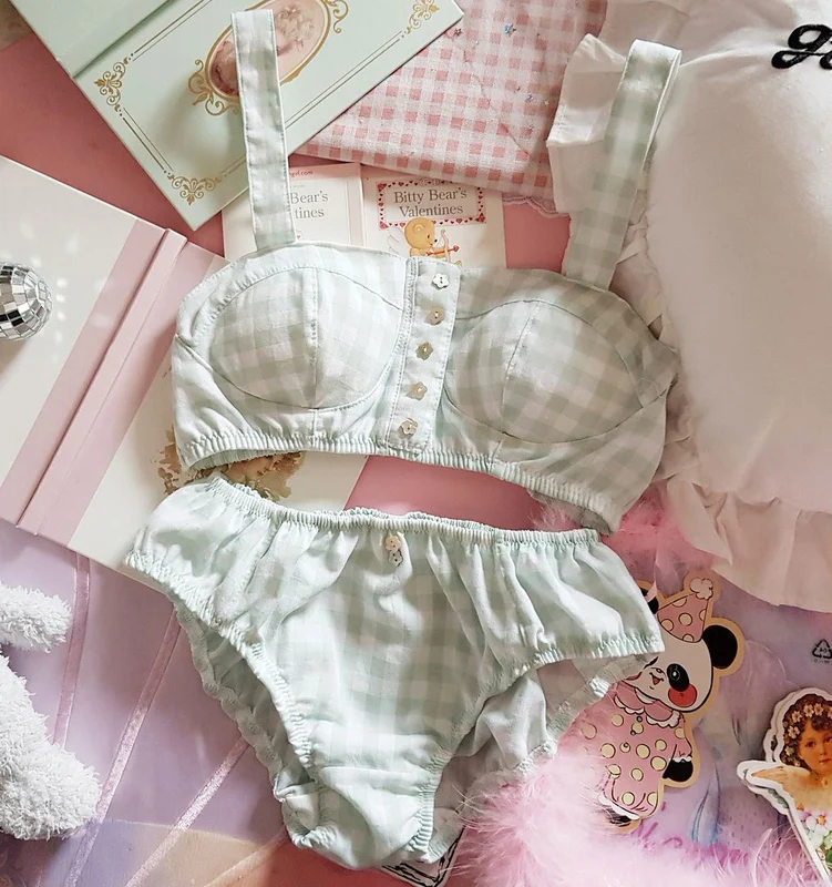 French Vintage Small Fresh Red Green Plaid Button Strapless Underwear Set Mori Girl Sexy Lolita Princess Bra & Brief Sets