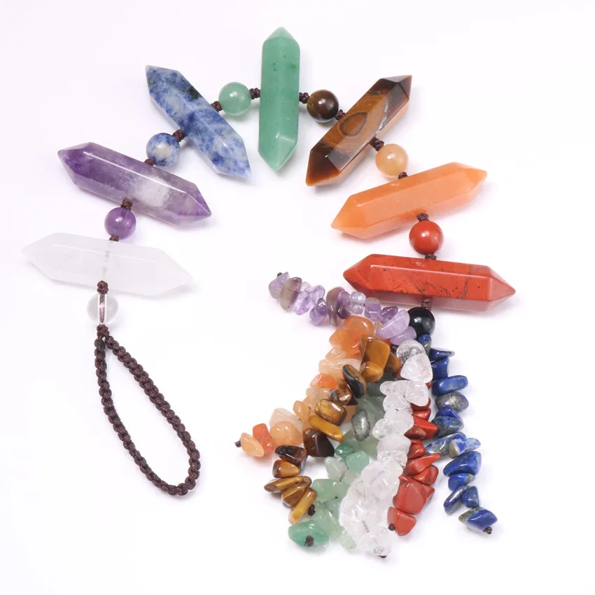 

Ethnic Style Handmade Weave Many Colors Quartz Stone Hexagon Column Pendant with Tassels Healing Chakra Jewelry