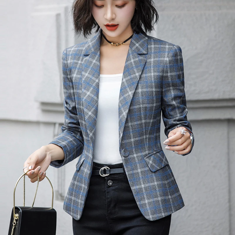 

Pop Slim Waist Plaid Suit Coat Women Retro Long Sleeve Nice Spring Autumn Blazers casual temperament Suit Jacket Female Outwear