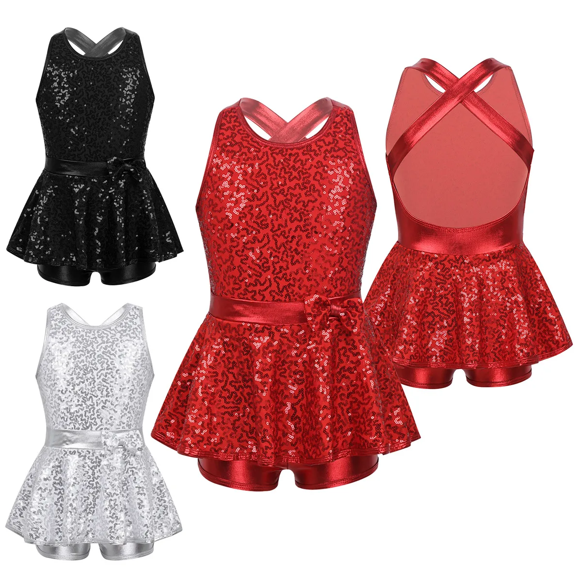 Платье для танца джаз для девочек-подростков с бантом на перекрестных бретелях и пайетками для профессионального балета и гимнастики.