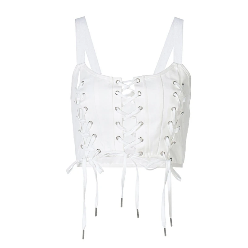 

Women Punk Sleeveless White Crop Top Sexy Hollow Cross Lace-Up Corset Camis Vest L9BE