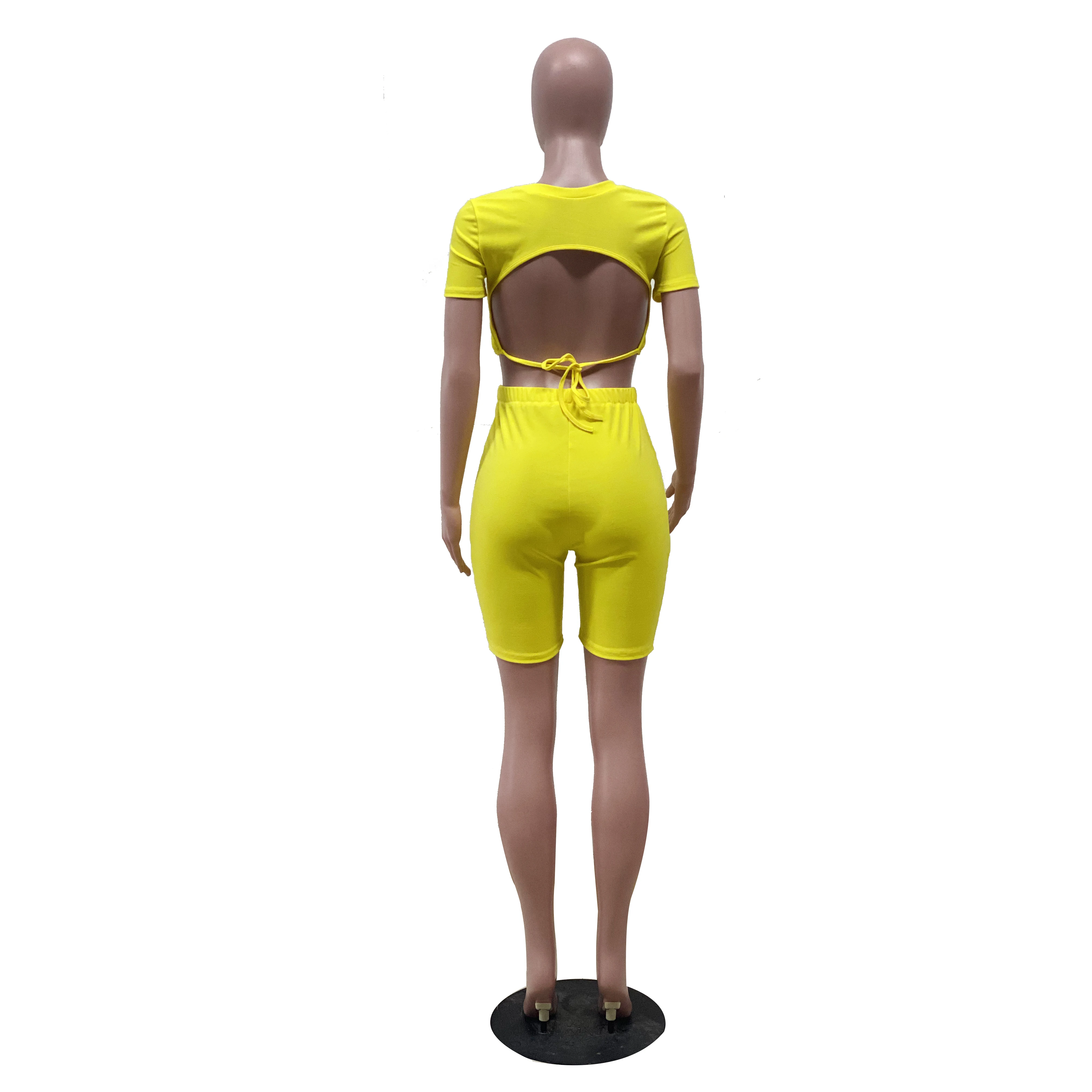 

Solid Two Piece Set Women Backless Lace Up New 2020 Summer Trendy Short Sleeve Crop Top Biker Shorts Women Tracksuit Home Suits