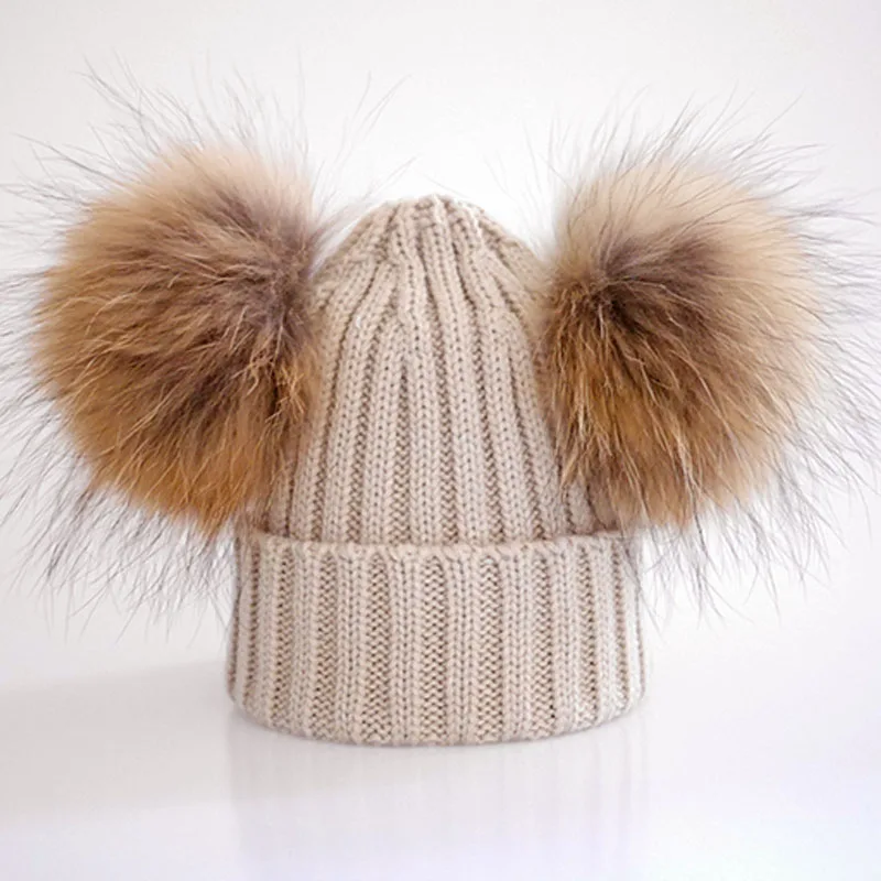 khaki natural pom От 6 месяцев до 3 лет зимняя шапка с меховым помпоном для детей шерстяная вязаная шапочка шляпы для девочек - Цвет: khaki natural pom