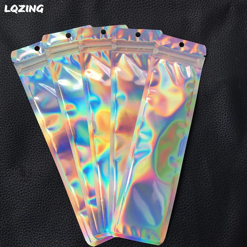 300pcs Holographic Laser Mylar Packaging Bags For Lip Gloss Reusable Foil Pouches One Side Clear Cosmetic Package Baggies