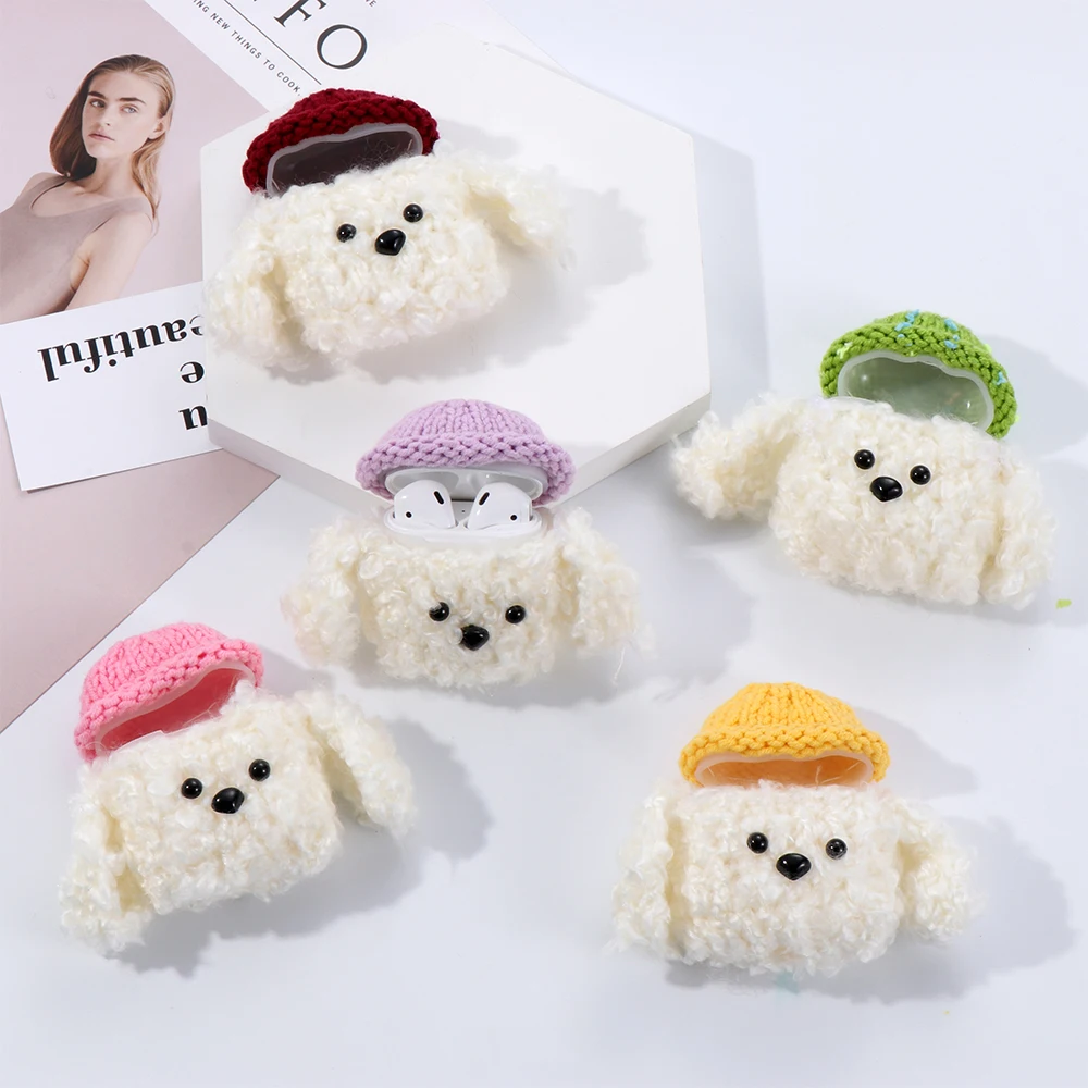 Case Shockproof Cover For Airpods Cute Dog Knitted plush Anti-lost Protective Accessories for Apple AirPods 1/2 | Электроника