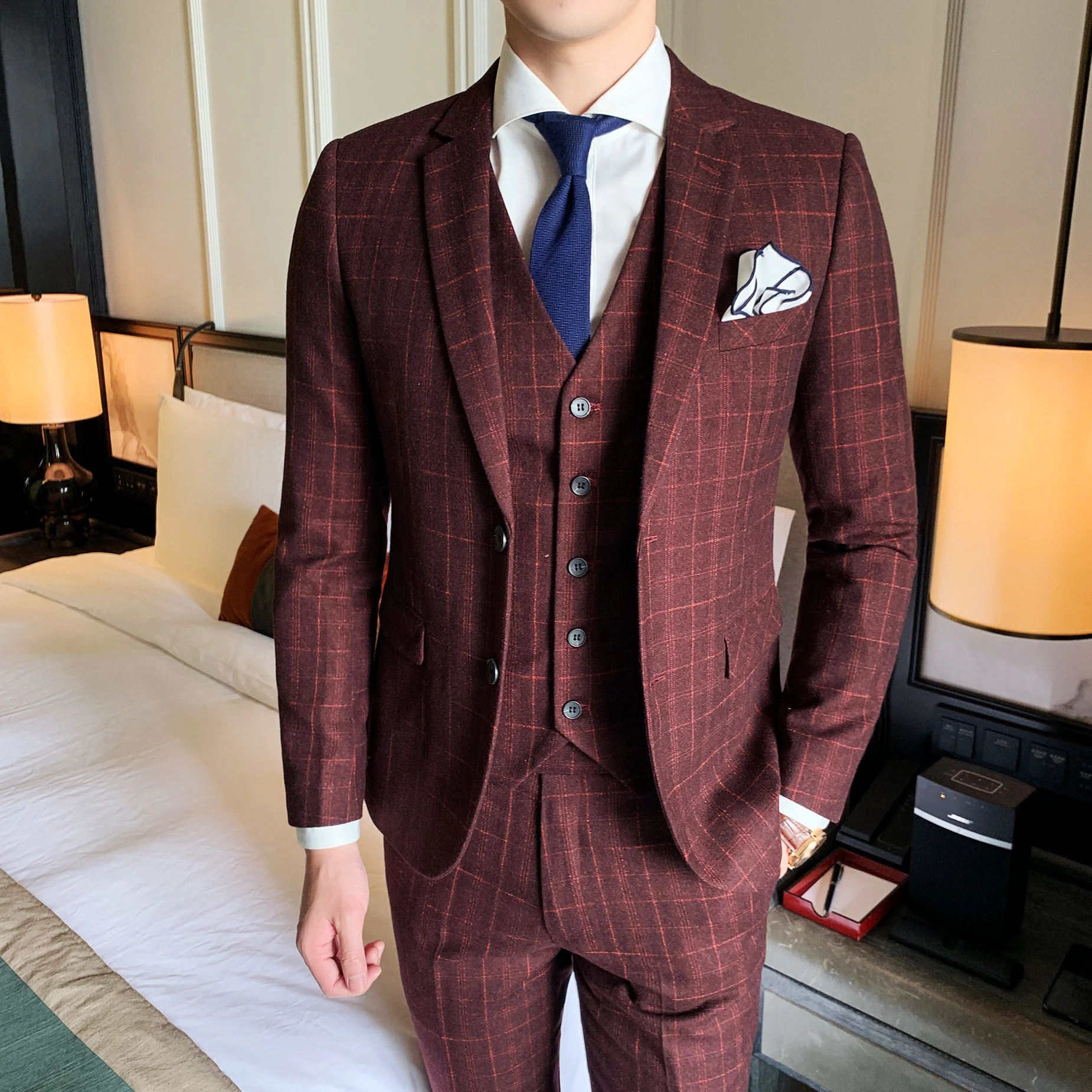 Бордовые костюмы мужские клетчатый смокинг мужской костюм для свадьбы жених