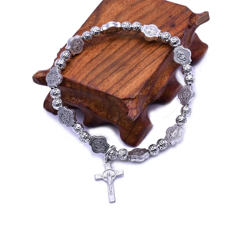 

Elastic Jesus Cross Bracelet Vintage Silver Jewelry Rosary Centerpiece Sacred Mercy Saint Icons Religious Beaded Bracelet Gifts