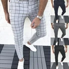 Мужские облегающие строгие брюки, деловые повседневные клетчатые брюки-карандаш, женские брюки