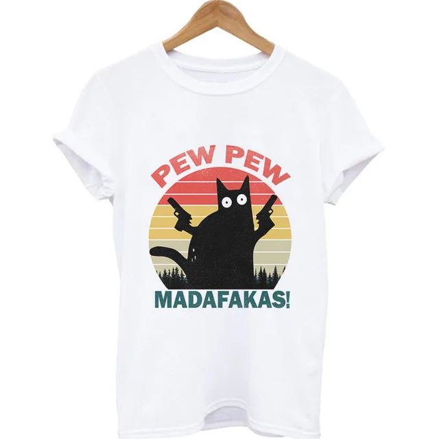 

Pew Pew Madafakas Print Women's T shirt Murderous Black Cat With Gun Funny T Shirt Casual Halloween Short Sleeve Top Tee Tshirt