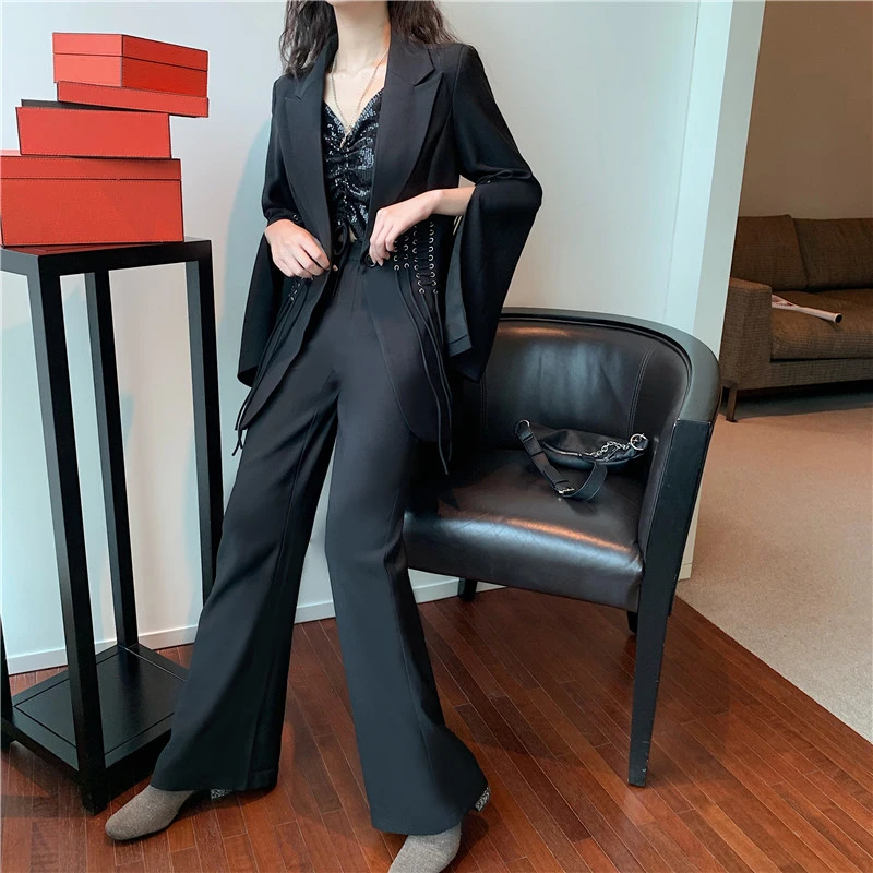 

Autumn New 2020 Fashion Brand Bandage Blazer Coat And Black Long Pants Suits Women Two Piece Sets Female Casual Elegant Outfits