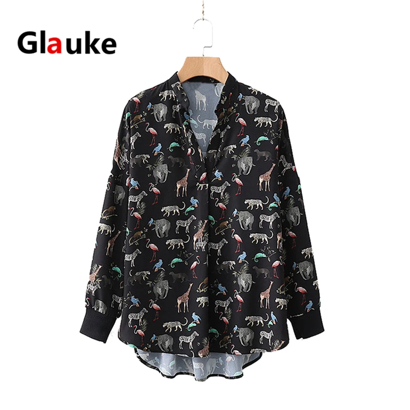 GLAUKE женская черная рубашка с принтом животных блузка длинным рукавом рубашки 2020