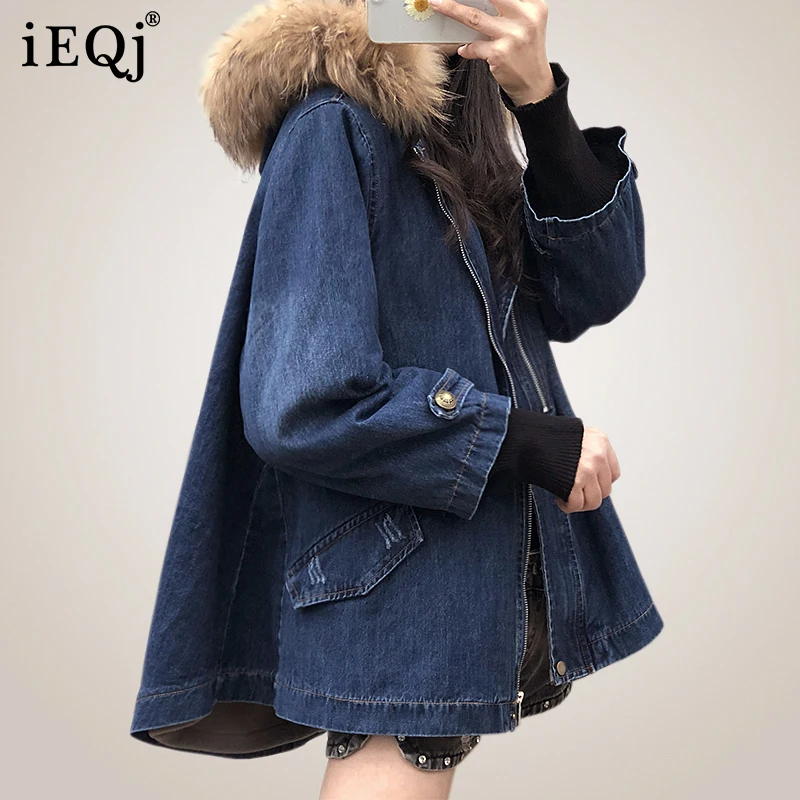 

Новинка Осень-зима 2021 шерстяная джинсовая куртка IEQJ с капюшоном женская Свободная куртка на молнии с длинным рукавом женская модная одежда ...