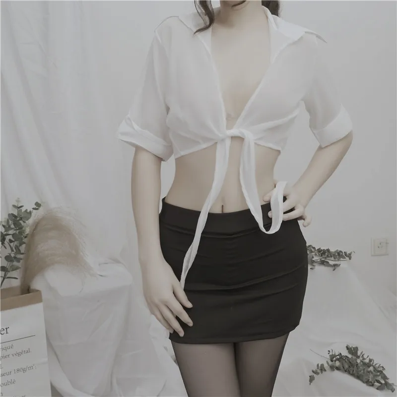 

2020 Sexy Secretary Suit Uniform Temptation Lingerie Long-Sleeved Lace-Up Navel Milk Silk Wrap Hip Skirt Striped Chest Leaking