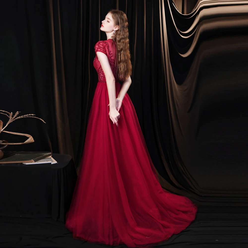 

Elegant O Neck Short Sleeve Sequined Women A Line Evening Dress 2021 Fashion Beading Appliques Zipper Back Long Formal Dress