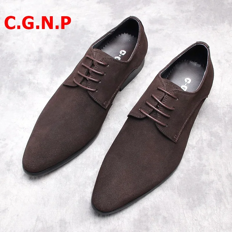 

C.G.N.P Italian Business Dress Shoes Men Suede Shoes Brand Fashion Leather Shoes Pointed Toe Casual Shoes Lace-up Mens Shoes