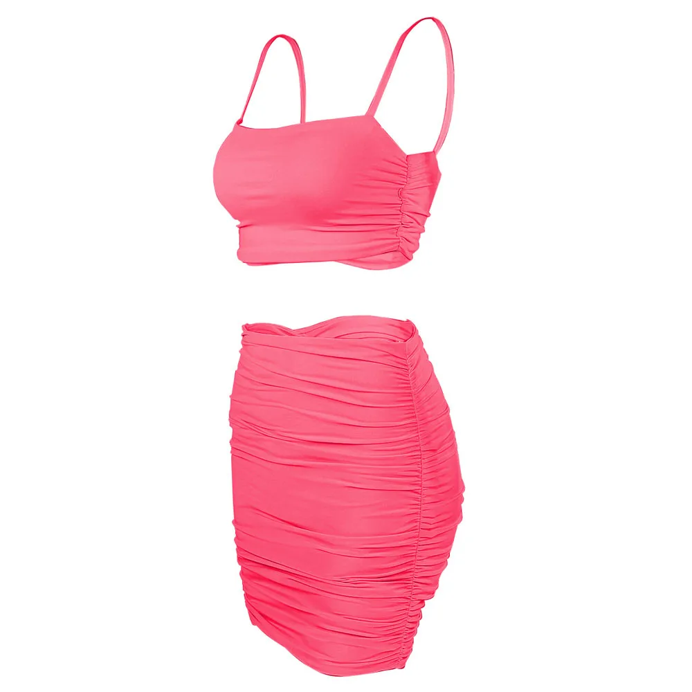 

Summer Women Sexy Ruched Neon Pure Color Backless Dress Two Piece Set Club Outfit Women Spaghetti Strap Crop Top And Mini Skirt
