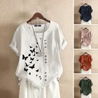 Стильные летние футболки для женщин, блузка с принтом 2021 ZANZEA в винтажном стиле, на пуговицах, с круглым вырезом и короткими рукавами, с короткими рукавами, с Туника размера плюс 5XL
