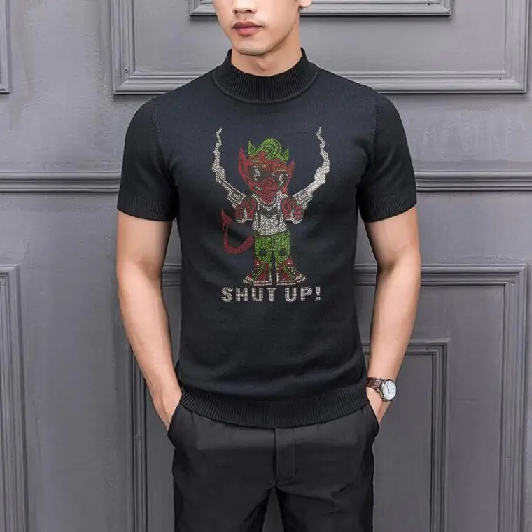 

Мужская водолазка с коротким рукавом, черный или белый однотонный облегающий свитер, стразы, на лето