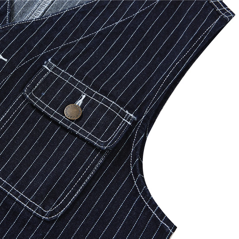 

Vertical Stripes Multi-Pocket Denim Vest Mens Casual Cargo Waistcoat Casual Loose Pinstripe Sleeveless Jacket Men