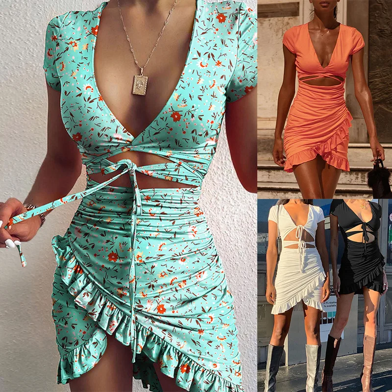 

The New dresses summer woman 2021 V-neck Floral strap Buttocks sexy dress Irregular ruffle short skirt short sleeve dress