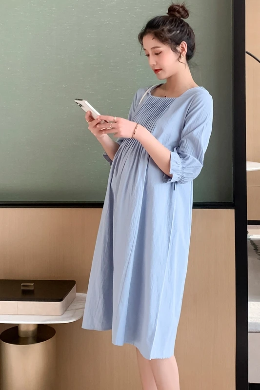 

912# 2021 Spring Summer Chic Ins Cotton Maternity Long Dress Korean Fashion Pleated Loose Clothes for Pregnant Women Pregnancy