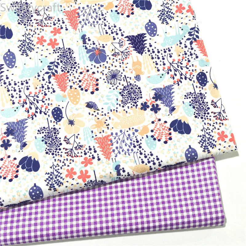 Фиолетовую клетку с принтом листьев Хлопок твил ткань по полметра DIY работа шитье