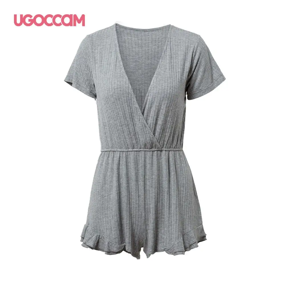 

Комбинезон UGOCCAM женский с V-образным вырезом, приталенный боди, однотонный серый Ромпер, одежда на весну-осень