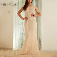 elegant evening dress with grid shaped nail bead sleeves sexy hollow out perspective taildress comfortable mesh fabric