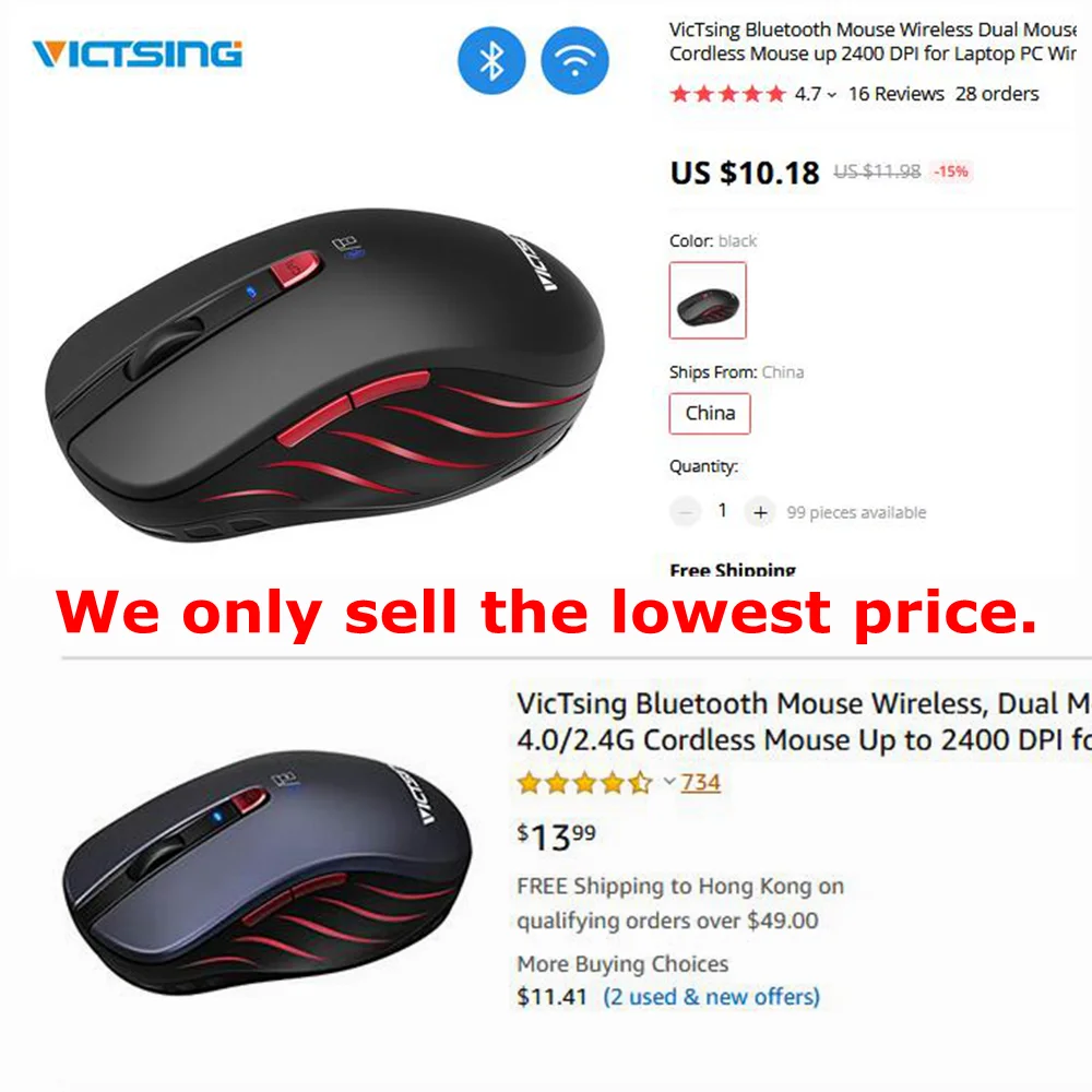 VicTsing Bluetooth мышь беспроводная двойная мышь портативная эргономичная Bluetooth 2,4G беспроводная мышь до 2400 dpi для ноутбуков ПК Windows