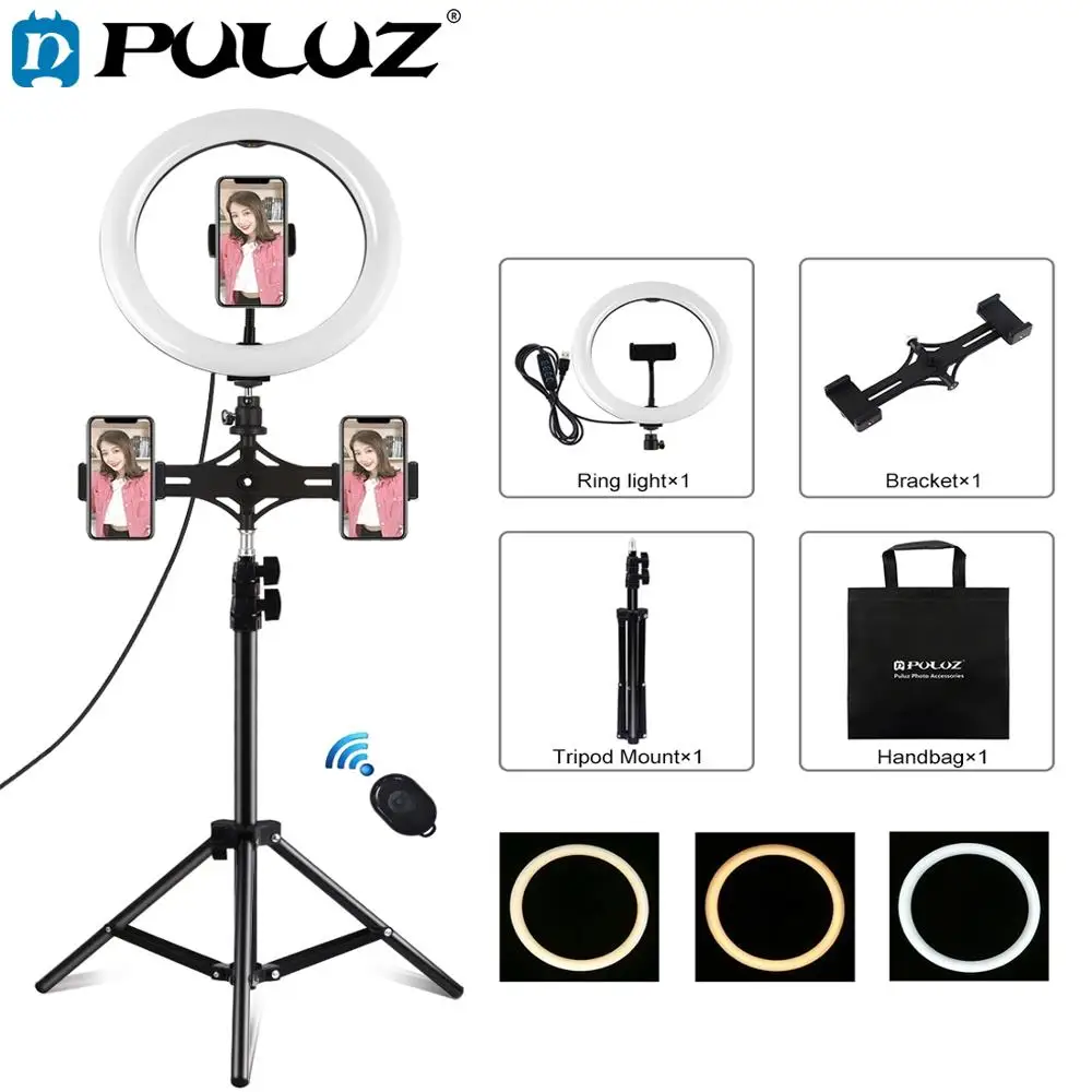 Puluz Polegada 3 Modos Pode Ser Escurecido Led Selfie Anel Luz Fotografia Vídeo Vlogging & 1.1m Tripé Suporte Telefone Braçadeira 10.2 26cm Usb