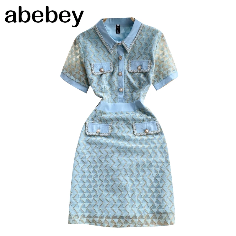 

Women Elegant French Dress Turndown-Collar Short Sleeve A-line Dresses Summer Fashion Streetwear Office Lady Sundress