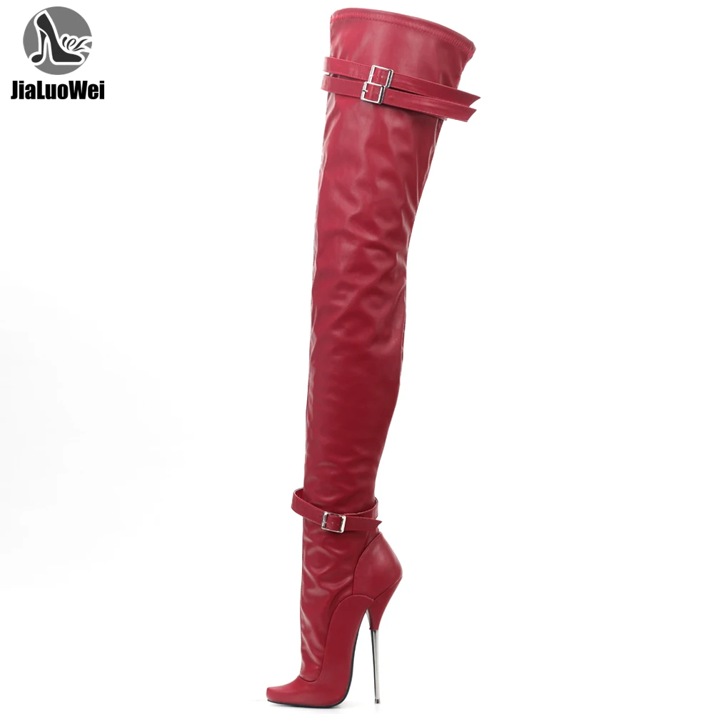 

JIALUOWEI 7" Metal Heel Ballet style Corset Strap Thigh Boots Goth Fetish 36-46