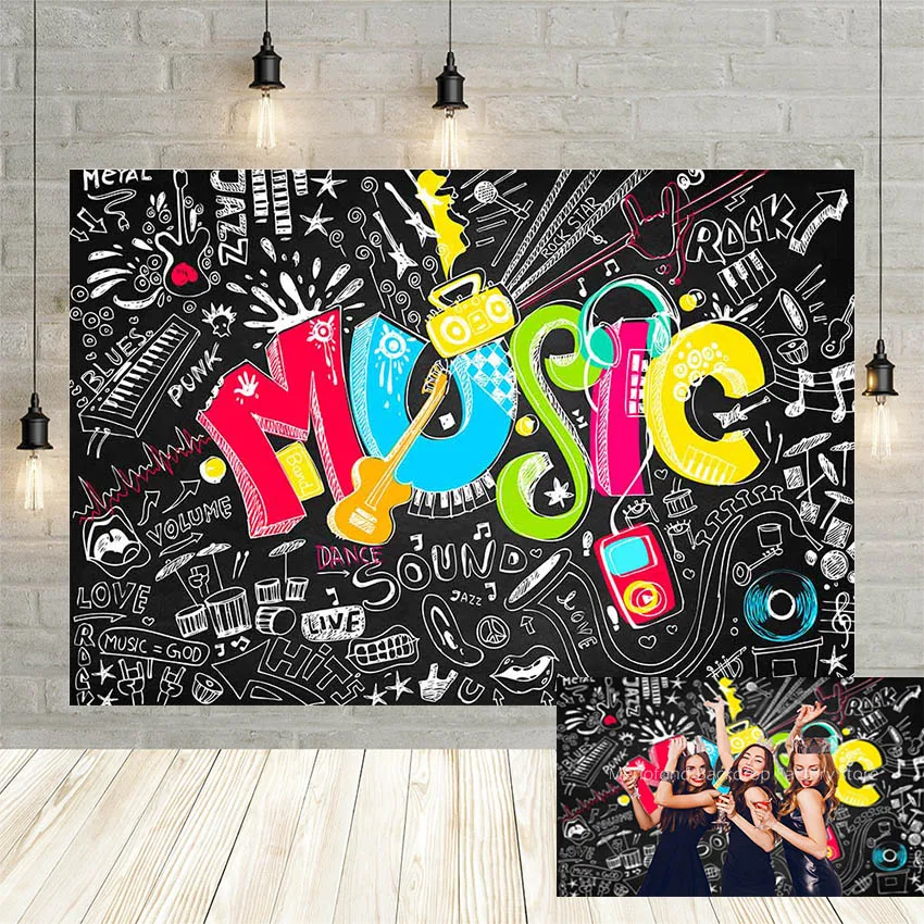 

Mehofond Adult Happy Birthday Photography Backdrop Colorful Music CD Violin Earphone Black Background Photo Studio Photozone